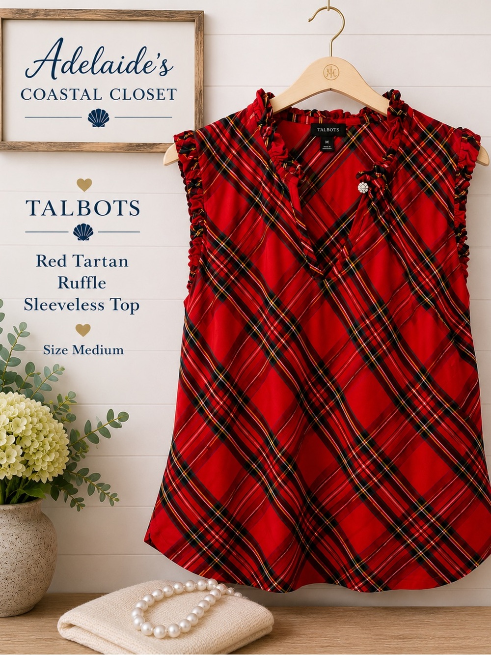 Talbots Red Tartan Plaid Ruffle Sleeveless Holiday Top Women’s Medium Metallic